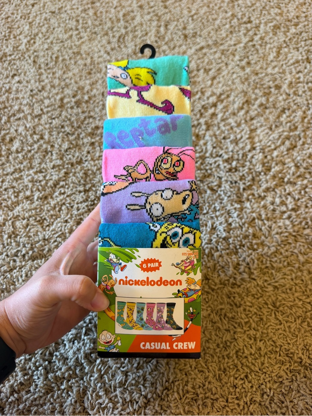 Nickelodeon 6 Pair Casual Crew Socks Rugrats Hey Arnold Reptar Shoe Size 8-12
